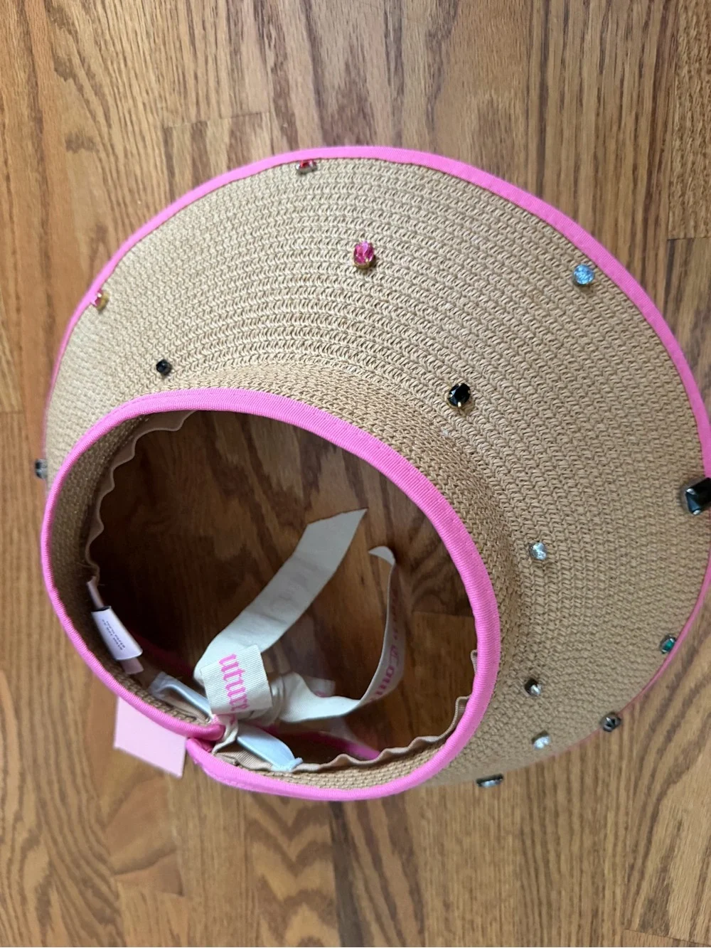 Juicy Couture Straw Visor Straw Sun Hat with Pink Trim and Gems